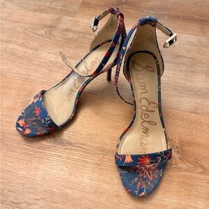 Sam Edelman Navy Floral Ankle-Strap Heels with Coral Accents
